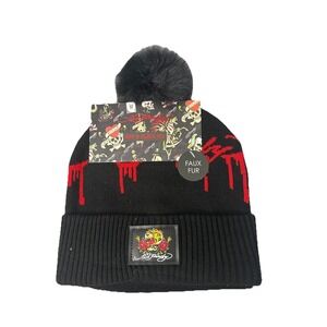 Ed Hardy Unisex's Faux Fur Beanie Black Love Kill Slowly & Screaming Tiger Roses